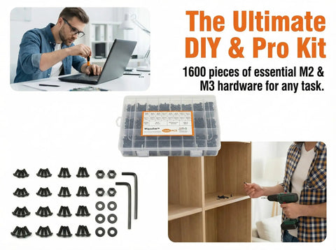 1600-Piece M3 Screw Kit With Hex Socket Button And Cap Head Fasteners, Nuts, Washers, Black 12.9 Grade Alloy Steel Bolts For 3D Printing And Small Projects displayed with various tools and usage examples
