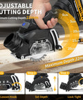 3 Inch Cordless Cut Off Tool And Brushless Mini Circular Saw With Two 4ah Batteries adjustable cutting depth of 22mm shown in use.
