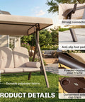 Three Seat Patio Swing Chair With Adjustable Canopy Beige featuring strong connection, anti-slip foot pads, and side trays
