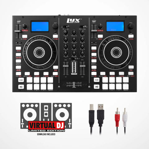 Top view of Party-Ready Portable 2-Deck DJ Controller With LCD Display USB Audio Mic Input Record Output 16 Performance Pads Manual Looping Plug-And-Play Setup Includes Virtual DJ LE Software Download with cables and software logo