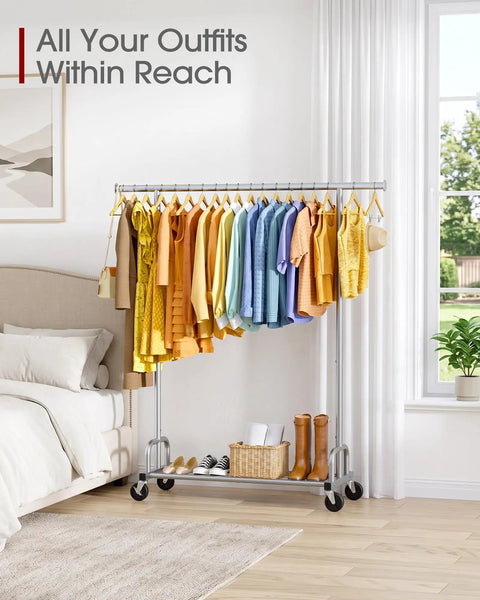 Heavy Duty Metal Clothes Rack With Sure Grip Lockable Wheels, Extendable Rod To Max Out Your Storage, Holds Every Fit You Own, Sleek Silver Design Keeps Small Bedrooms Or Entryways Clutter Free, displaying colorful outfits in a bedroom.