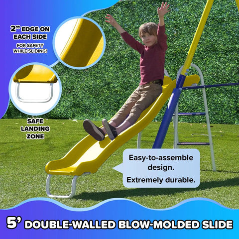 Child sliding down 5 ft double-walled yellow slide, part of Ultimate Backyard Swing Set With 5 Ft Wave Slide, Two Swings, Glider, Teeter Totter