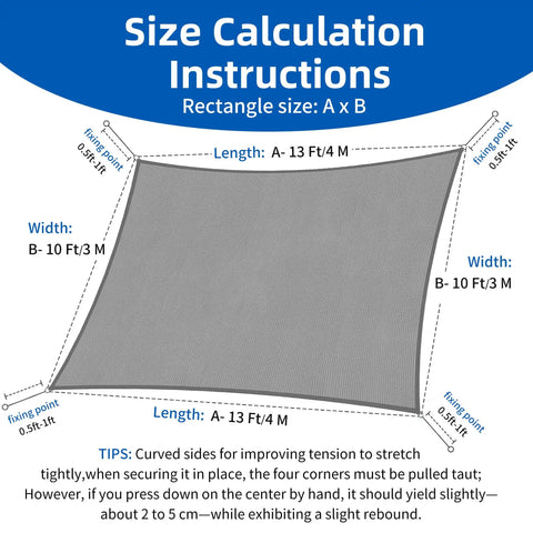 Size calculation instructions for 10x13 Ft Beige Sun Shade Sail Rectangle UV Block Canopy for patios and gardens.