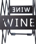 Close-up view of Top Shelf 10 Bottle Countertop Wine Rack With Rustic Metal Build, featuring 'WINE' label.