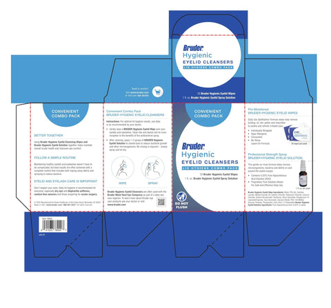Front view of Bruder Hygienic Eyelid Cleansers value-pack box with 30 wipes and eyelid spray solution in blue packaging.