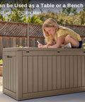 60 Gallon Deck Box Outdoor Storage Waterproof Resin Bin for patio cushions, used as bench by child, lockable UV resistant brown