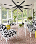 Ginormous 96-Inch HVLS Ceiling Fan With 8 Metal Blades in patio setting, black finish, suited for large spaces like warehouses, gyms, and shops.
