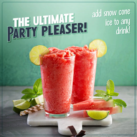 Retro Tabletop Snow Cone Machine With Two Reusable Cups And Sturdy Scoop creating slushies served in tall glasses with lime.