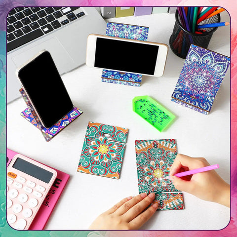 4 Pack Large Mandala Diamond Painting Phone Stand Kit 5.5 Inch DIY Full Drill Crystal Diamond Art Phone Holder in use