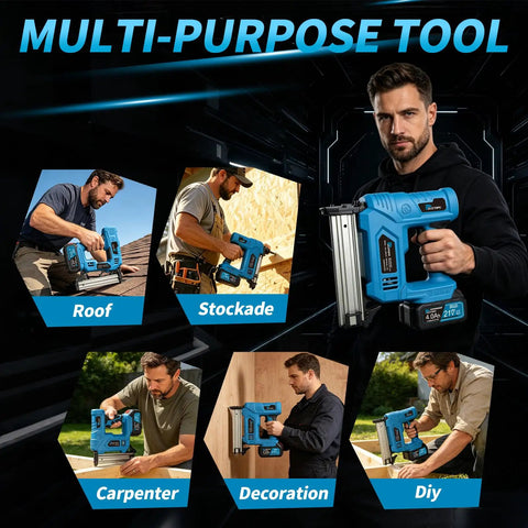 Top Shelf Cordless Brad Nailer Kit With 21V Power And Hella Long Battery Life For Smooth Woodworking and Zero Hassle Panel Fastening In Home Repairs Featuring Two Rechargeable Cells And Rugged Toolbox used in roofing, decoration, and carpentry.