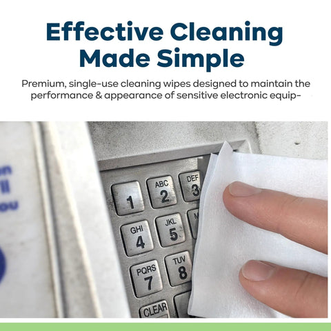 Using 70 Percent IPA Presaturated Electronic Cleaning Wipes to clean a POS device keypad, soft low-lint wipe in action.