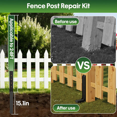 Tough As Nails 4 Pack Fence Post Repair Kit With 8mm Double Layer Anchors for wood fences, showing before and after installation.
