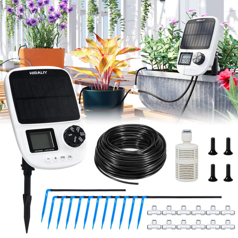 Solar Powered Drip Irrigation System With Automatic Timer For Pots And Indoor Plants, complete with emitters, tubing, and accessories