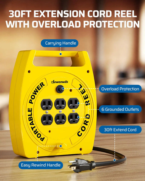 Yellow 30 Ft Retractable Extension Cord Reel With 4 Grounded Outlets, 13 Amp Circuit Breaker, 16/3 SJTW Power Cable on table