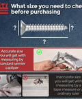 225 Piece Wood Screws Set With Phillips Flat Head Countersunk Self Tapping For Wood Sizes Six And Eight Half Inch To Two And A Half Inch Carbon Steel Black Finish Heavy Duty Kit For Carpentry Furniture And Deck Projects, with vernier caliper for accurate measurement and inaccurate examples with tape measure and ruler.