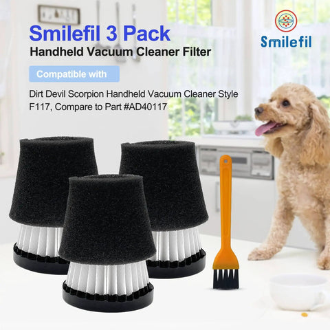 Three Pack Handheld Vacuum Cleaner Filter Set For Dirt Devil Scorpion Handheld Vacuums Style F117 Compatible With Part AD40117 Replacement on kitchen counter