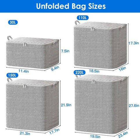 Straight Up Game Changing Foldable Storage Bags 4 Pack With Sturdy Handles showing 30L, 110L, 150L, 220L sizes in grey non woven material.