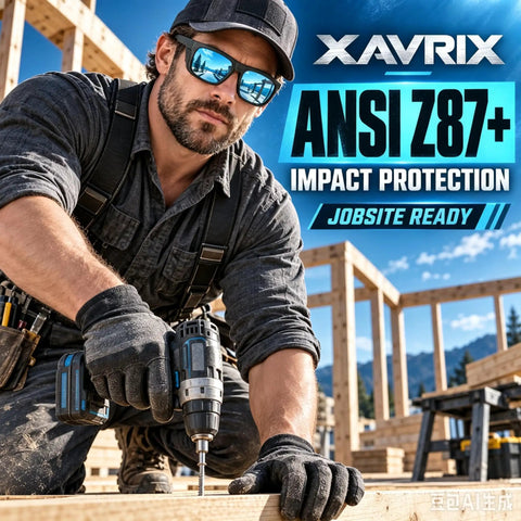Boss Level Z87 Certified Safety Sunglasses Featuring Hardcore Removable Side Shields For Backcountry Hiking Skiing Kickass Uv Shielding And Crystal Clear Vision In Matte Blue Mirror Coating worn by a worker using a drill.
