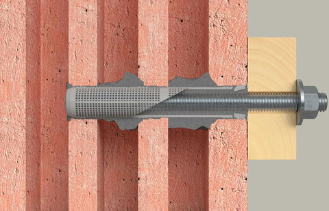 Nylon Mesh Dowels 16 x 85 For Fixing With Chemical Anchor M8 And M10 Bars, installed in perforated brick with resin bond.