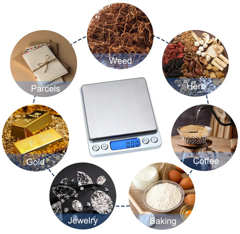 Ultra Precise Digital Kitchen Scale With Backlit Display, 0.001 Oz and 0.01 g, 500 g capacity shown with various uses.