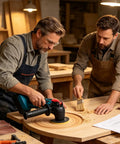 Two men using Cordless Battery Angle Grinder With Variable Speed And Low Vibration Ergonomic Handle for wood finishing.
