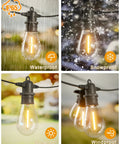 95Ft LED Outdoor String Lights With 30 Edison Shatterproof Bulbs IP65 Waterproof Dimmable 2700K shown in rain, snow, sun, and wind