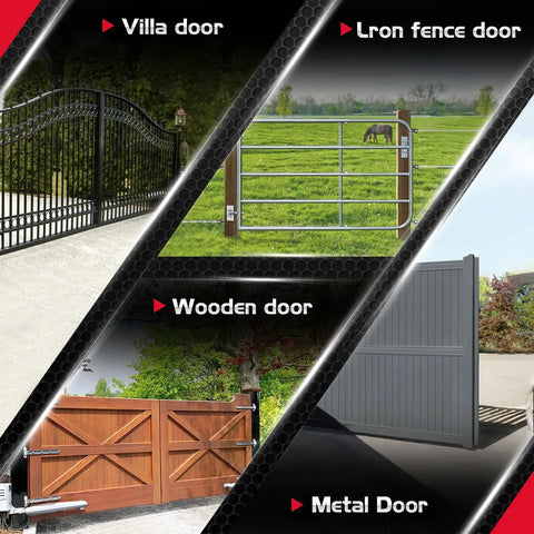 Four types of gates including villa door, iron fence door, wooden door, and metal door for various fencing needs.