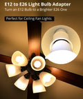 10 Pack E12 To E26 E27 Light Socket Adapters For Chandeliers shown on a ceiling fan converting E12 bulb to brighter E26