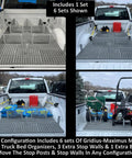 Gridius-Maximus Truck Bed Organizer System For Trucks SUVs Tailgates And Trailers Pro Grade Contractor Cargo System with modular dividers and secure load setup shown in truck bed.