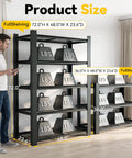 No Fuss Heavy Duty Five Tier Garage Shelving Unit Built Like A Tank Steel Storage Rack 72 X 48 X 24 Inches Adjustable Boltless Workshop Organizer For Tools And Gear Black displaying dimensions with weights.