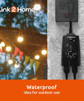 Heavy Duty Outdoor Weatherproof Dual Outlet Remote Control With Dusk To Dawn Sensor Programmable 24 Hour Timer mounted on wall.