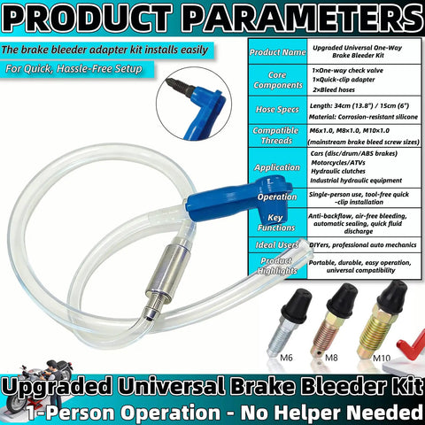 Universal Brake Bleeder Kit With One Way Check Valve Adapter And Hose, includes silicone hoses and quick connect clamp.