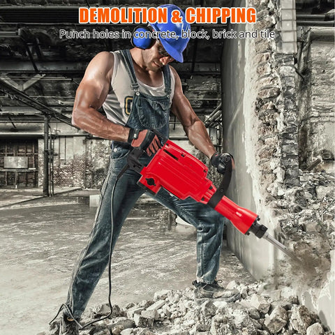 Heavy Duty Concrete Breaker Jack Hammer With 1700W Demo Power And Three Piece Chisel Bit Kit in use for chipping concrete.