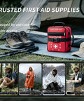 Emergency Trauma First Aid Kit with Tourniquet, Kaolin Hemostatic Gauze, and MOLLE Bag for camping displayed by tent with hiking gear