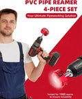 Man holding a drill with a Four Piece PVC Pipe Reamer Kit For Home DIYers With Drill Adaptability, showcasing 4-piece set.