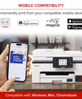 All-In-One Wireless Color Printer With Refillable Ink Tank System, Duplex Printing, shown with mobile device compatibility.