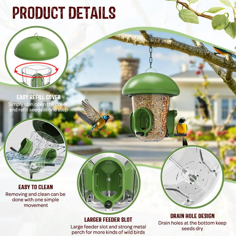 Product details of Outdoor Bird Feeder With Three Compartments And Three Feeding Ports, Weatherproof Dome, Easy to Clean features