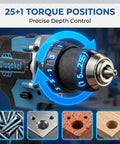 Premium Quality 21V Brushless Cordless Drill And Driver Kit with 25+1 torque positions for precise depth control.