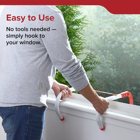 Man demonstrating Emergency Home Fire Escape Ladder Rope 3 Story Extendable To 25 Feet Must Have No Fuss Window Mount