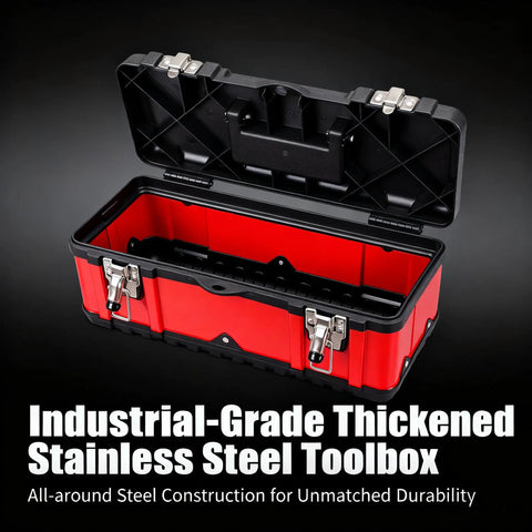 Badass Portable Tool Organizer Case Featuring Heavy Duty Plastic Build Removable Storage Tray And Sure Grip Handle Perfect For Tackling Garage Shop Or Car Trunk Jobs With Ease, shown open with red interior.