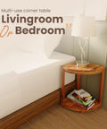 Wood corner shower bench with storage shelf for tight bathrooms beside bed, showcasing acacia wood material and shelf storage.