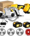 5 Inch 21V Cordless Circular Saw With Twin Batteries Features adjustable angle and depth settings, includes cutting blades and charger.