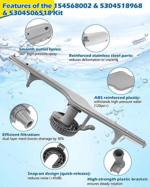 Dishwasher Lower Spray Arm Replacement Kit With Built In Support And Filter Easy Install Includes 5304518968 Support And 5304506518 Filter Universal Fit, showing features and materials like ABS plastic, stainless steel parts, and efficient filtration system.