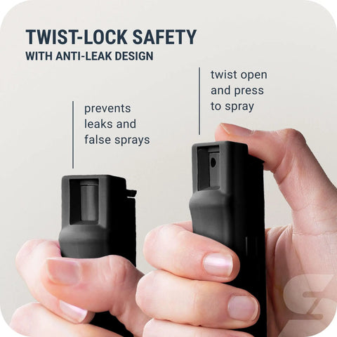 Heavy Duty Orange Peel Pepper Spray With Quick Release Keychain showing twist-lock safety feature to prevent leaks.