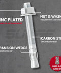 Heavy Duty Five Eighth Inch By Six Inch Zinc Plated Wedge Anchors For Concrete And Cement Masonry, showing carbon steel bolt and expansion wedge.