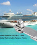 Tough As Nails 316 Marine Grade Stainless Steel Boat Hatch Latches Heavy Duty Anti Rattle Lockable Hold Down Clamps With Mirror Polish For Pool Bars And Cabinets 2 Pack, 75mm stainless steel latch on ocean background.