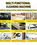 Multi-functional cleaning machine illustration showing uses for car washing, sofa cleaning, and dish disinfection.