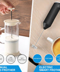 Comparison of manual old frother and Milk Frother Handheld Electric Blender Stick With Double Coil Stainless Steel Whisk next to coffee cup