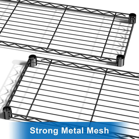 Rock Solid Three Tier Heavy Duty Wire Shelving System Featuring Adjustable Metal Storage Rack In Matte Black Finish supporting strong metal mesh shelves.