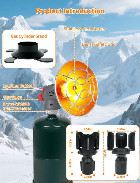 6800 BTU Golf Cart Propane Heater with storage box and adjustable cup holder against snowy mountain backdrop
